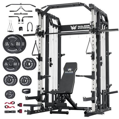 Major Fitness Drone2 Advanced Training Smith Machines– All-in-One Home Gym Squat Rack with Aluminum Pulley Set , Weight Bar, Dual LAT Pull-Down Systems & Cable Crossover Machine for Full-Body Workouts