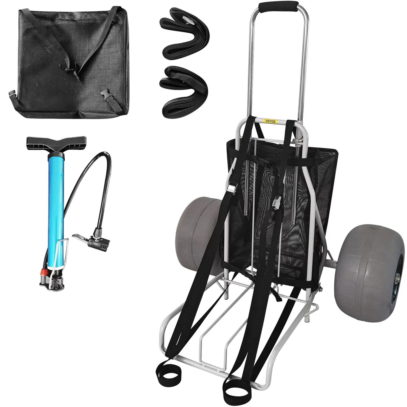 VEVOR Beach Carts for the Sand, w/ 12" TPU Balloon Wheels, 165Lbs Loading Capacity Folding Sand Cart & 29.5" to 49.2" Adjustable Height, Heavy Duty Cart for Picnic, Fishing, Beach