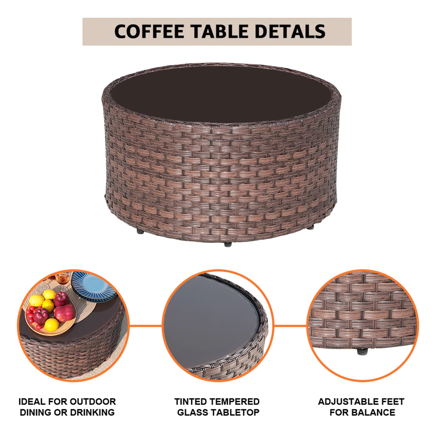 Outdoor Sectional Half-Moon Curved Sofa Set, 7-Piece Brown All Weather PE Wicker Sectional Furniture Set with Round Coffee Table and Side Tables, 4 Pillows & Waterproof Cover Included, Beige Cushion