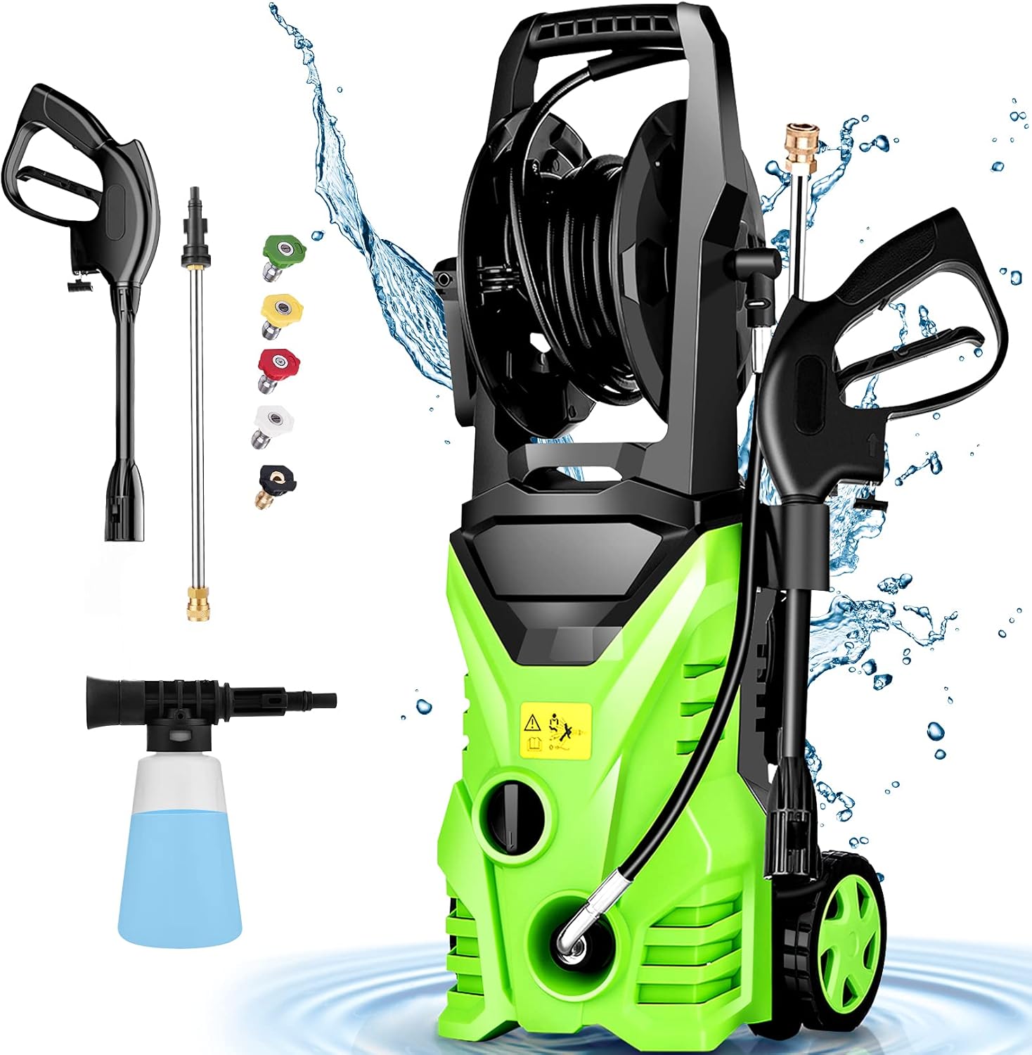 Pressure Washer Homdox 1.34GPM Electric Pressure Washer 1500W High Pressure Washer Power Washer with 5 Nozzles, Hose Reel, for Home/Car/Garden/Patio/Deck(Green)
