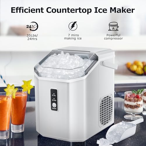 ZAFRO Nugget Ice Maker Countertop with Handle, Pellet Ice Machine with Self-Cleaning, 35Lbs/24Hrs, Chewable Ice Cubes, Nugget Ice Maker with Ice Basket/Ice Scoop for Home/Office/Bar/Party