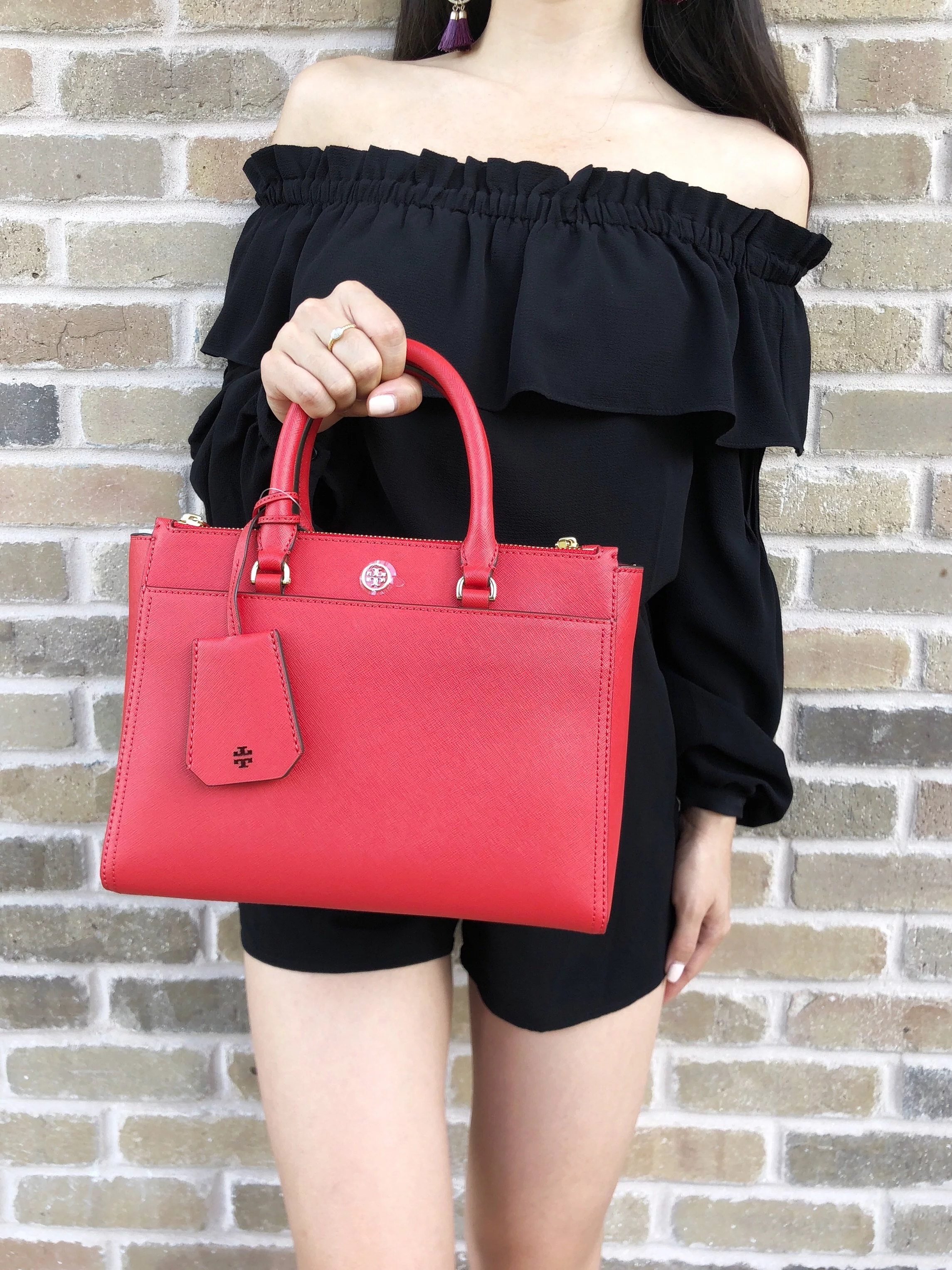 Tory Burch Robinson Small Double Zip Tote Satchel Crossbody Bag Poppy Orange Red