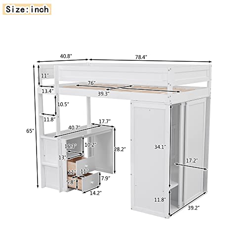 Full Size Loft Bed with Storage Wardrobe and Desk Wooden Loft Beds Frame with Drawers and Cabinet Wood High Loft Beds with Ladder for Kids Teens Adults, White