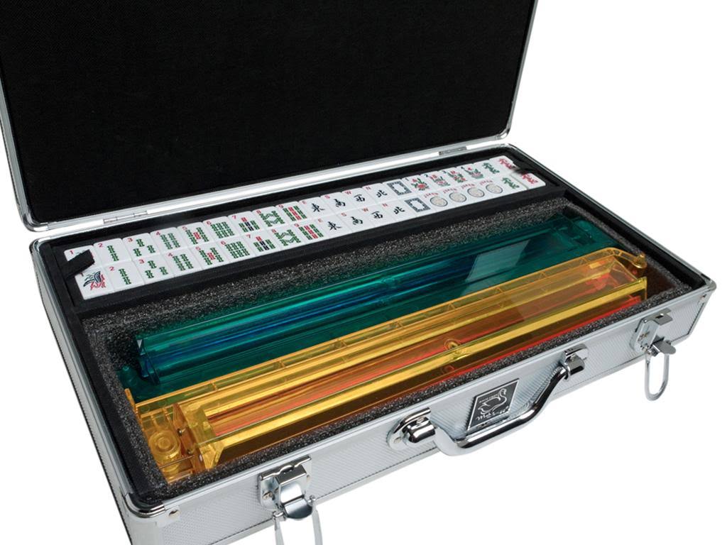 White Swan mAh Jongg - White Tiles - Modern Pusher Arms - Aluminum Case - Silver