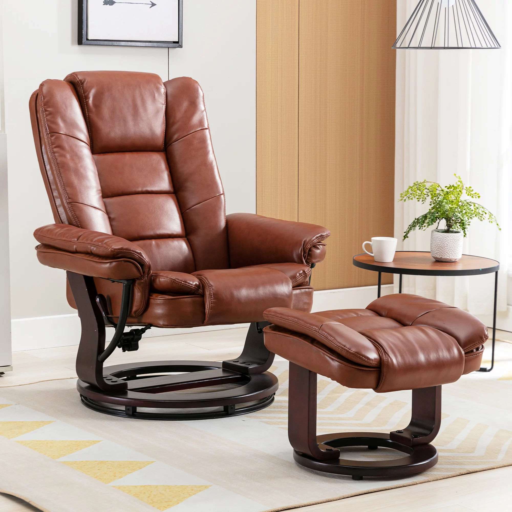 32'' Wide Manual Swivel Standard Recliner with Ottoman,Faux Leather,Brown