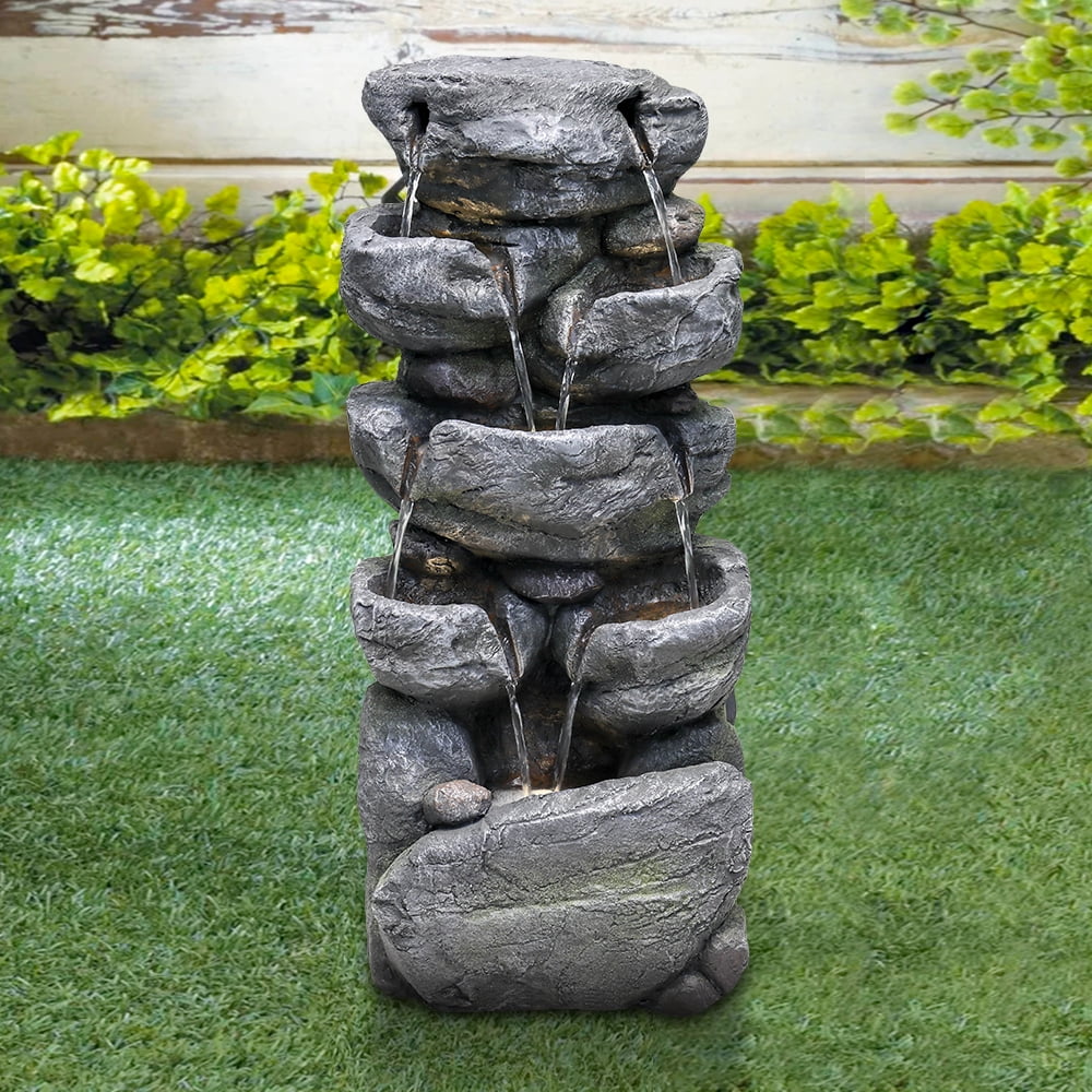 Stacked Rock Fountain with LED Lights - Outdoor Water Fountains Cascading Floor Water Feature Art Decor for Garden,Pation, Deck, Porch