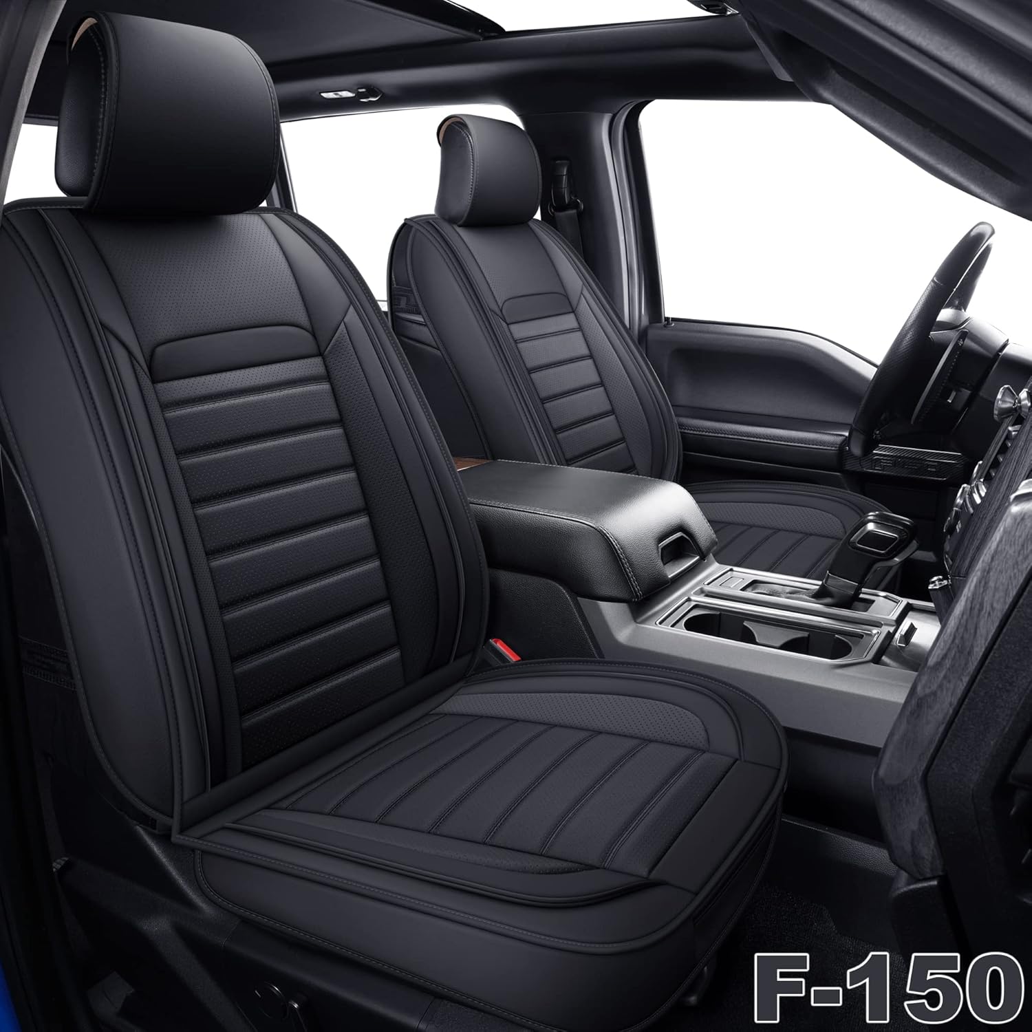AOOG F150 Leather Car Seat Covers Full Set, Faux Leather Automotive Pickup Truck Seat Covers Fit for 2015-2022 F150 and 2017-2022 F250 F350 F451, Gray