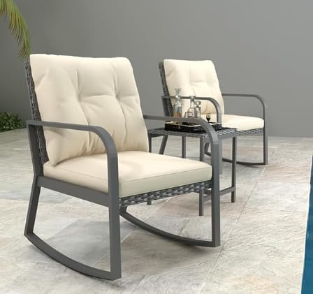 3 Piece Rocking Bistro Patio Set, Outdoor Rocking Chair, Outdoor Bistro Sets Wicker Patio Furniture Rocking Chairs Sectional Couch with Tempered Glass Top Coffee Table & Cushions, Dark Blue