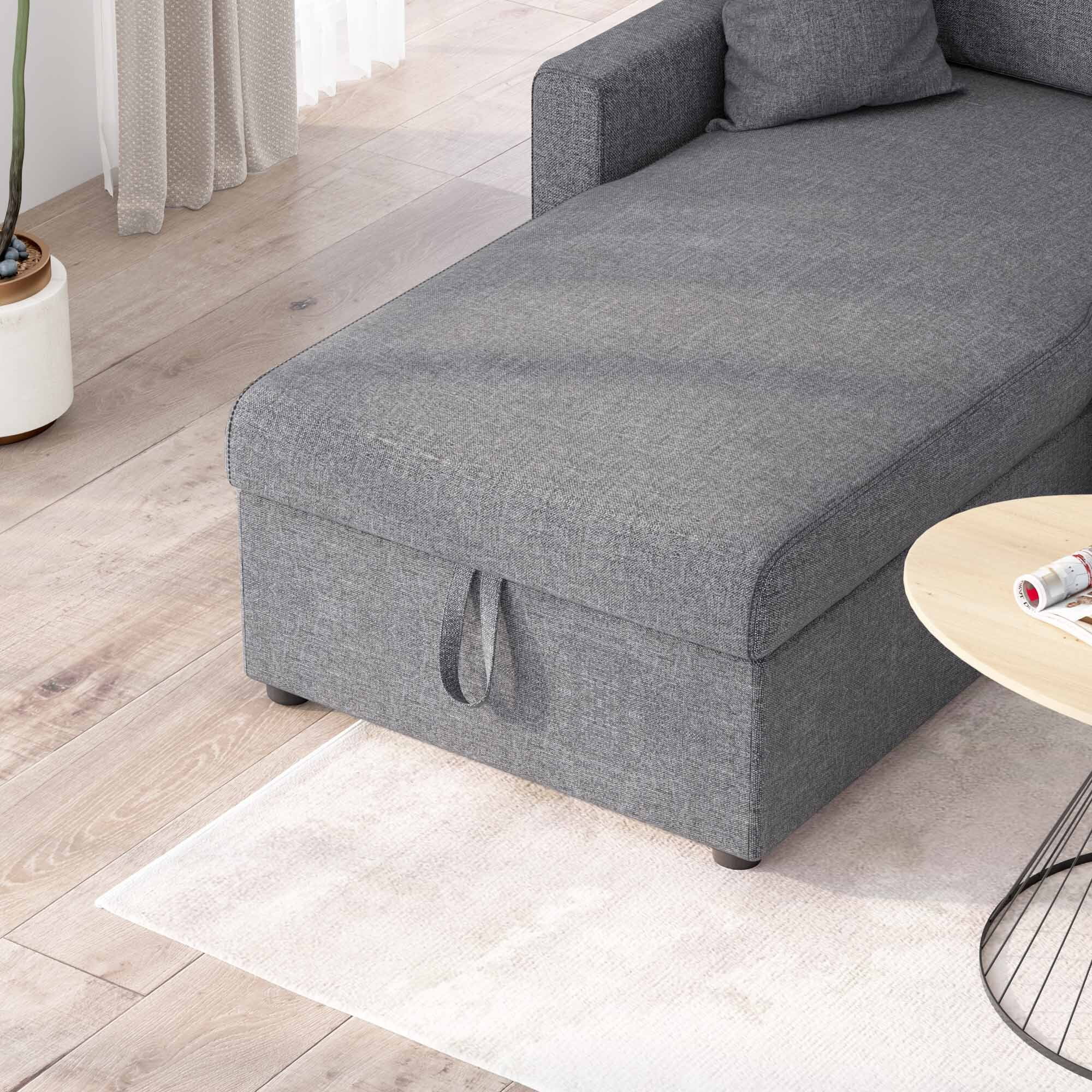 Soges 85" Pull Out Sofa Bed L Shape Sofa with Storage Chaise, Linen Fabric 3 Seater Couch, Dark Gray