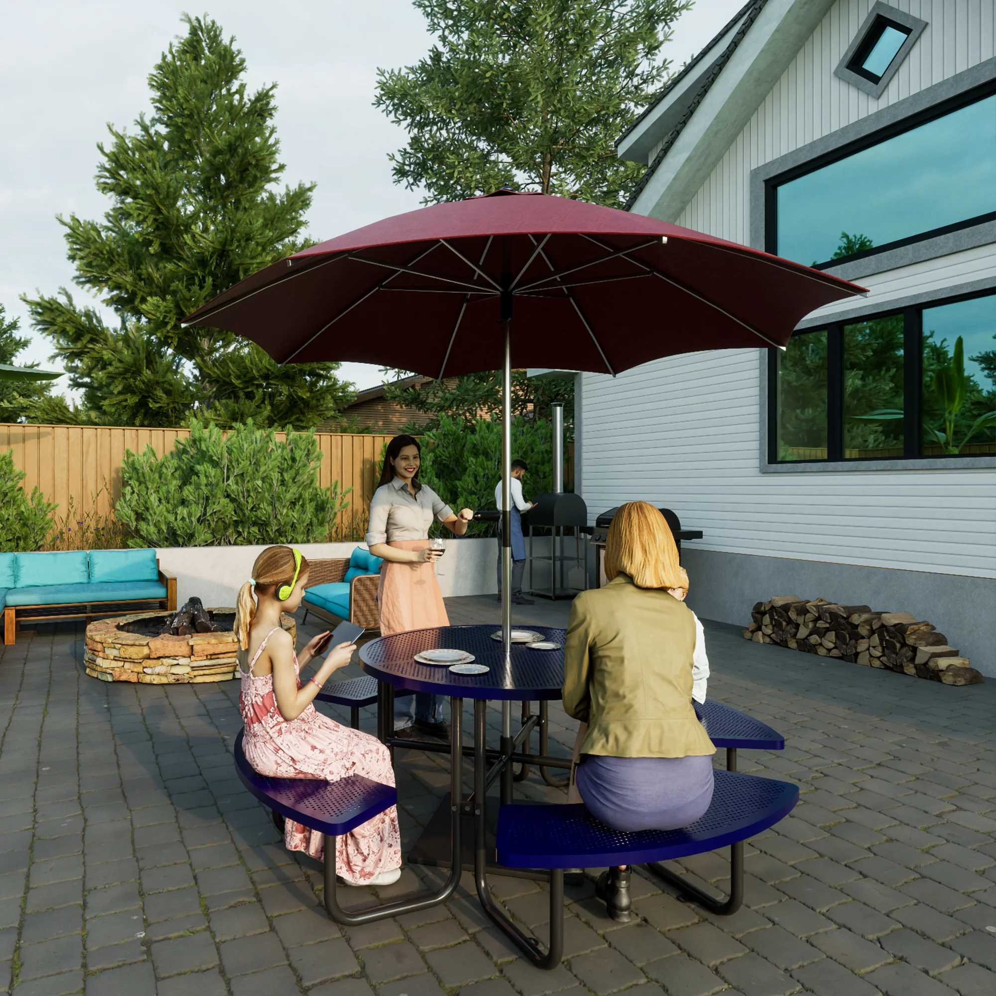 46'' Steel Round Picnic Table for Outdoors, Expanded, Lifetime Picnic Table with Umbrella Hole, Heavy Duty Sturdy Commercial Picnic Tables for Garden Courtyard BBQ, Blue