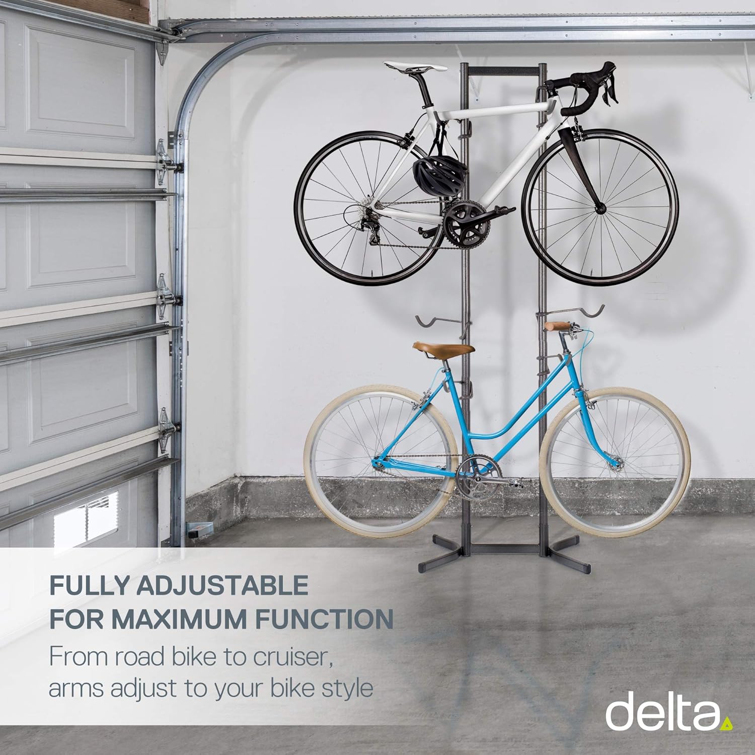 Delta Cycle Canaletto Bike Rack Garage - 4 Bike Storage Rack - No Drilling Required - Fully Adjustable Vertical Bike Rack for Any Style Bicycle - Freestanding Wall Bike Rack Holds Up to 160 lbs