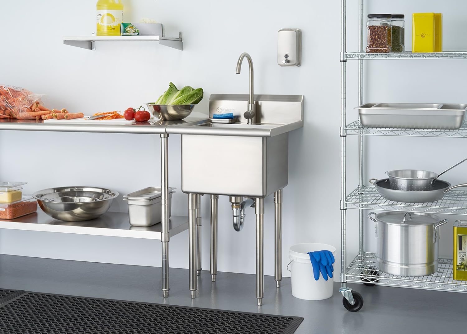 TRINITY EcoStorage Stainless Steel Freestanding Single Bowl Utility Sink for Garage, Laundry Room, and Restaurants, Includes Faucet, NSF Certified, 49.2-Inch by 21.5-Inch by 24-Inch, Chrome