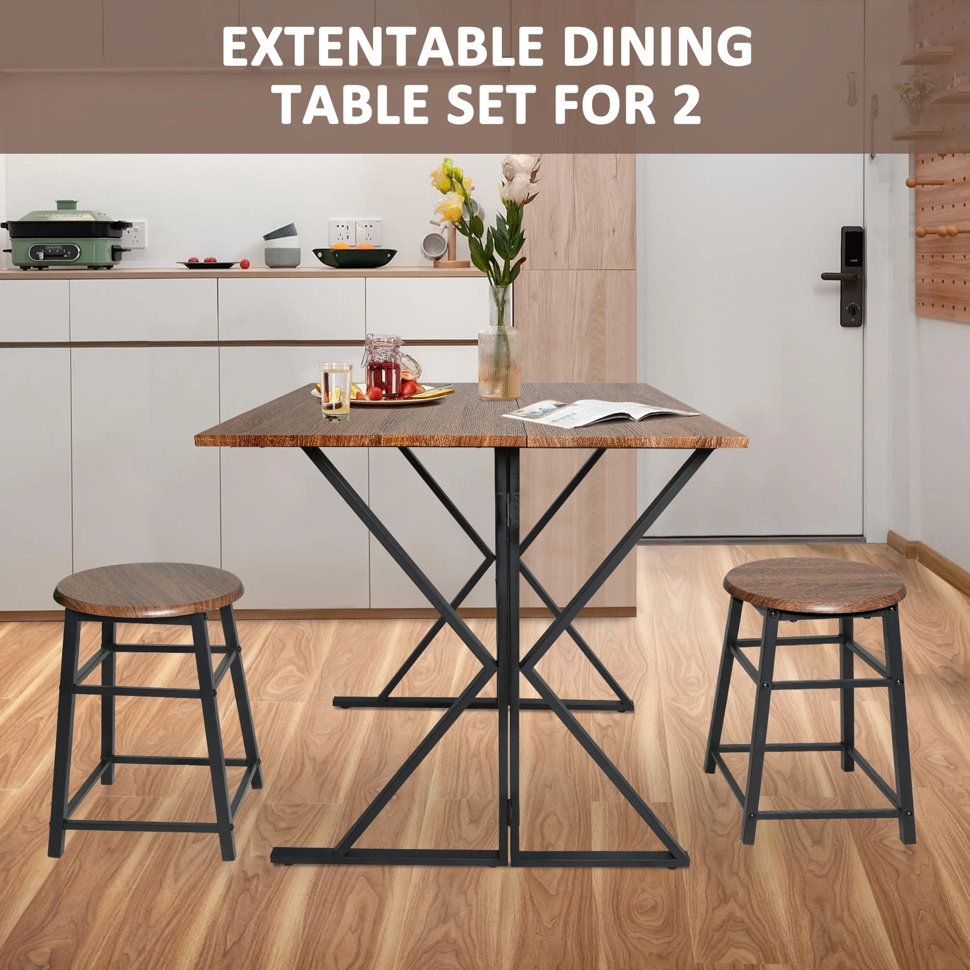 Folding Dining Table Set for 2 Chairs, Mid-Century Bar Table with Small Spaces Compact Design Farmhouse Classic Modern Rustic Style