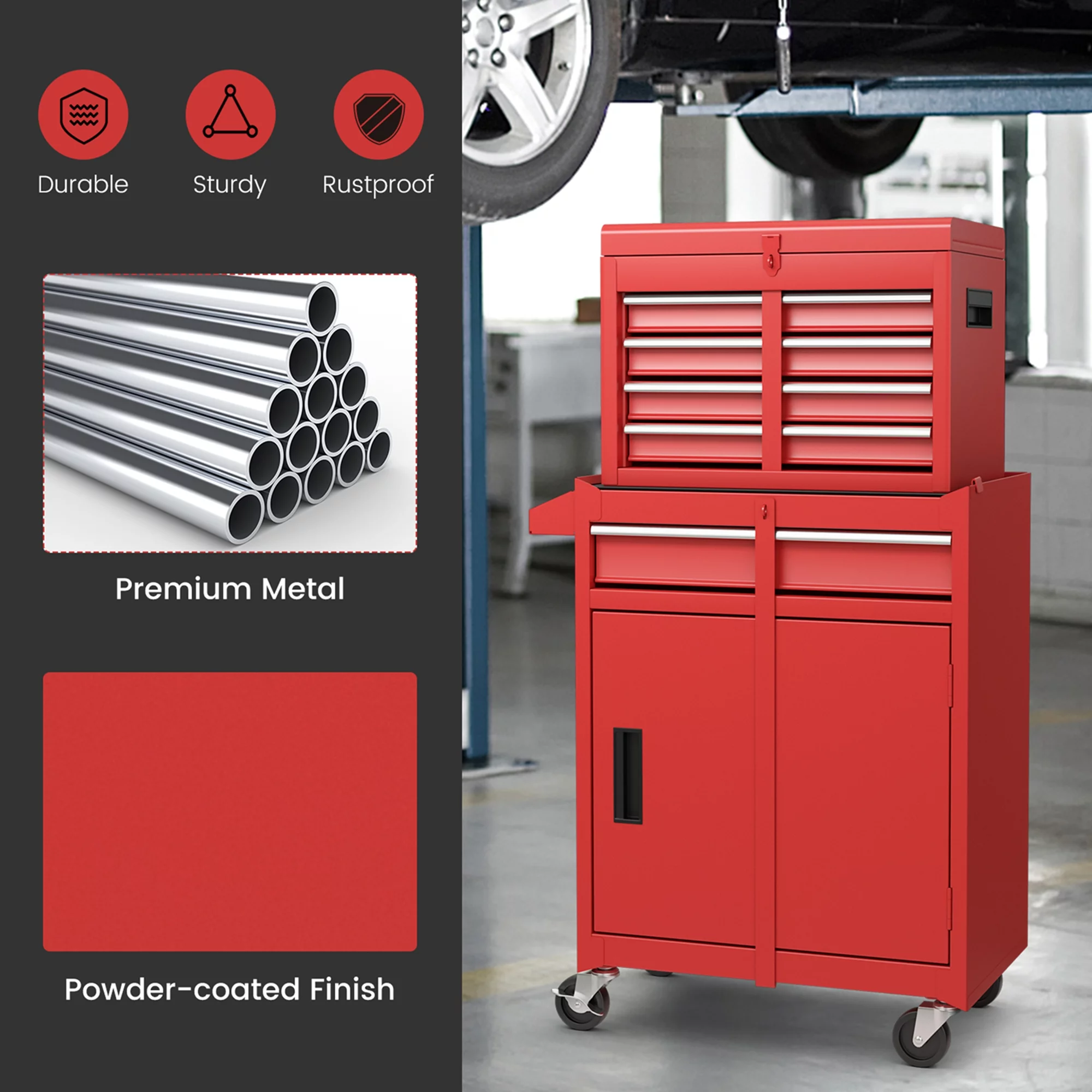Costway 5-Drawer Rolling Tool Chest Cabinet Metal Tool Storage Box Lockable with Wheels Red