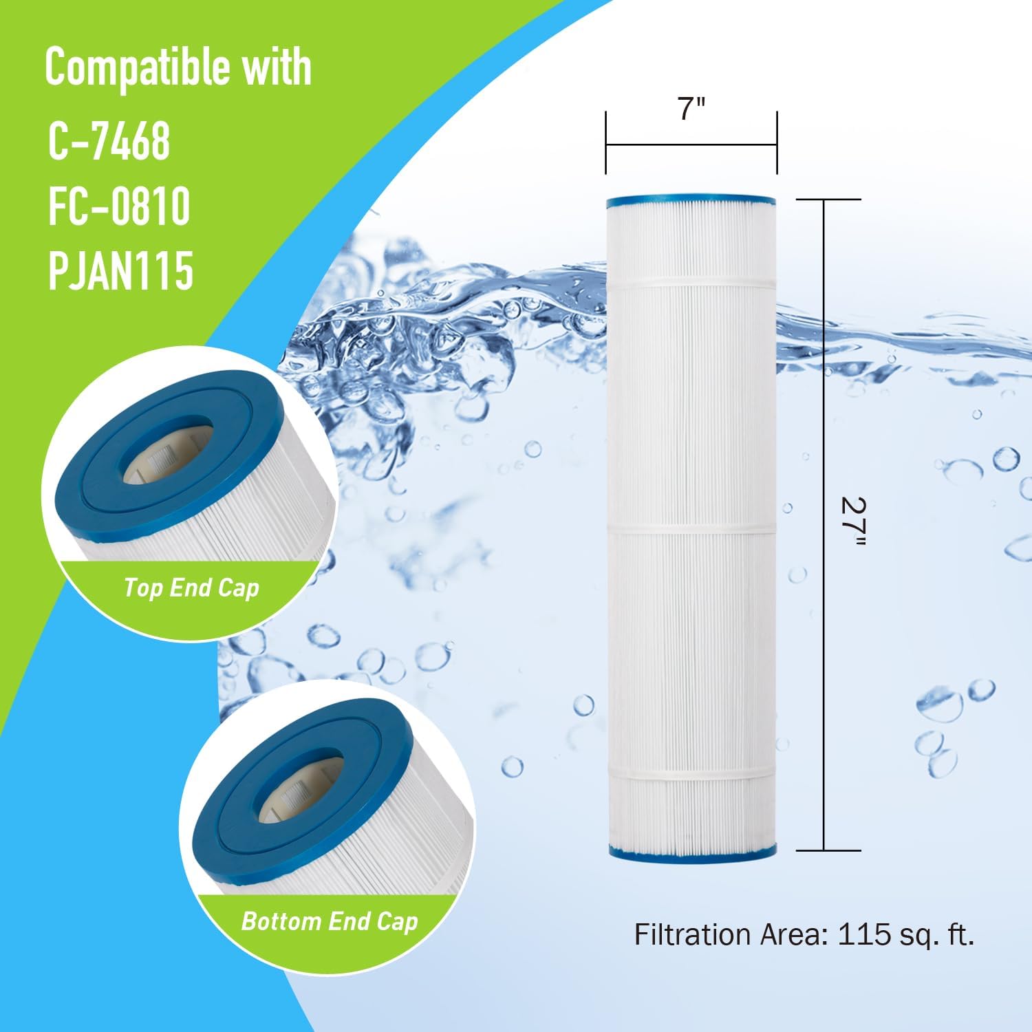 Pool Filter Cartridge Replacement for PJAN115, Jandy CL 460, CV460, Unicel C-7468, Filbur FC-0810, R0554600, 27” x 7”, 4 Pack