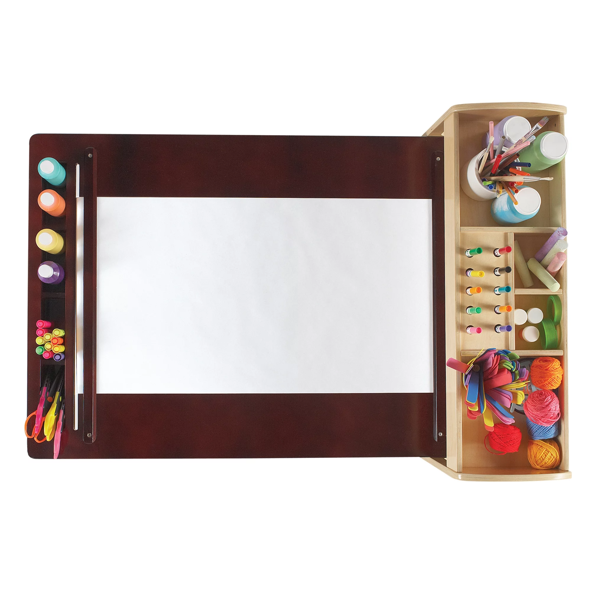 Guidecraft Deluxe Art Center: Drawing Desk and Painting Table for Kids, W/ Two Stools, Craft Supplies Storage Shelves, Canvas Bins, Paper Roll – Preschool Toddler Wooden Learning Furniture