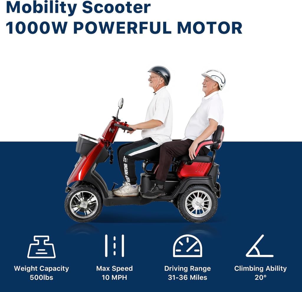 Two Seater Mobility Scooters for Seniors & Adults 500lbs Capacity - Heavy Duty Electric Powered Mobility Device - Double Seat Mobility Scooter for Travel, Elderly w/Remote Key- Red