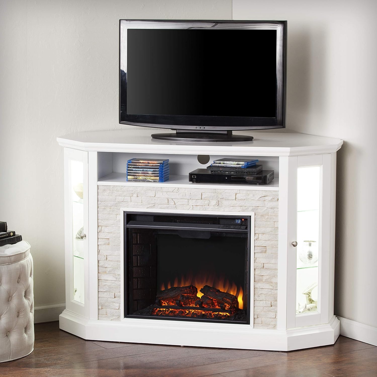 SEI Furniture Redden Faux Stone Convertible Electric Media Storage Corner Fireplace, Fresh White