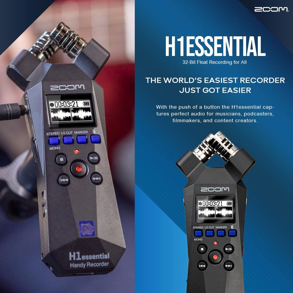 Zoom H1essential Stereo Handy Recorder – H1 Essential (H1E) Portable Audio Recorder 32 Bit Float, USB & X/Y Microphone - 64GB SD, Tripod, Headphone w/Mic & More for Musicians Vloggers Filmmakers