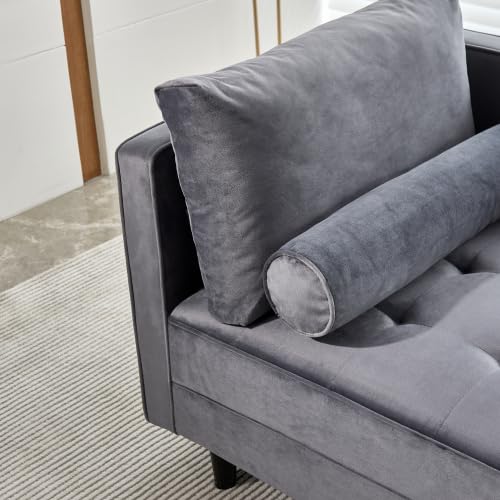 Velvet Chaise Lounge Chair, Modern Upholstered Velvet Chaise with Tufted Cushion, Sofa Recliner Lounge Chair with Adjustable Armrest and Pillows, Sleeper Chair for Living Room, Bedroom Office, Gray