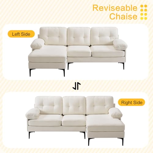 COHOME 83in L-shaped Couch, Chenille Upholsted Sofa with Reversible Chaise,3-Seat Couch for Living Room, Convertible Sectional Couch with Removable Covers,Grey