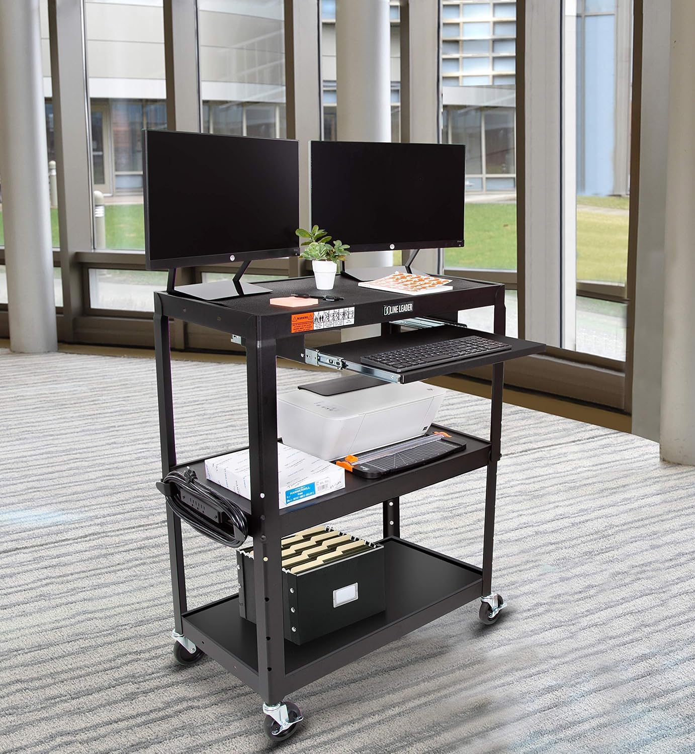 Line Leader Large AV Cart with Retractable Keyboard Tray | Height Adjustable Utility Cart | Includes Pullout Keyboard Tray & Cord Management | Easy Assembly (34in x 18in x 42in / Black)