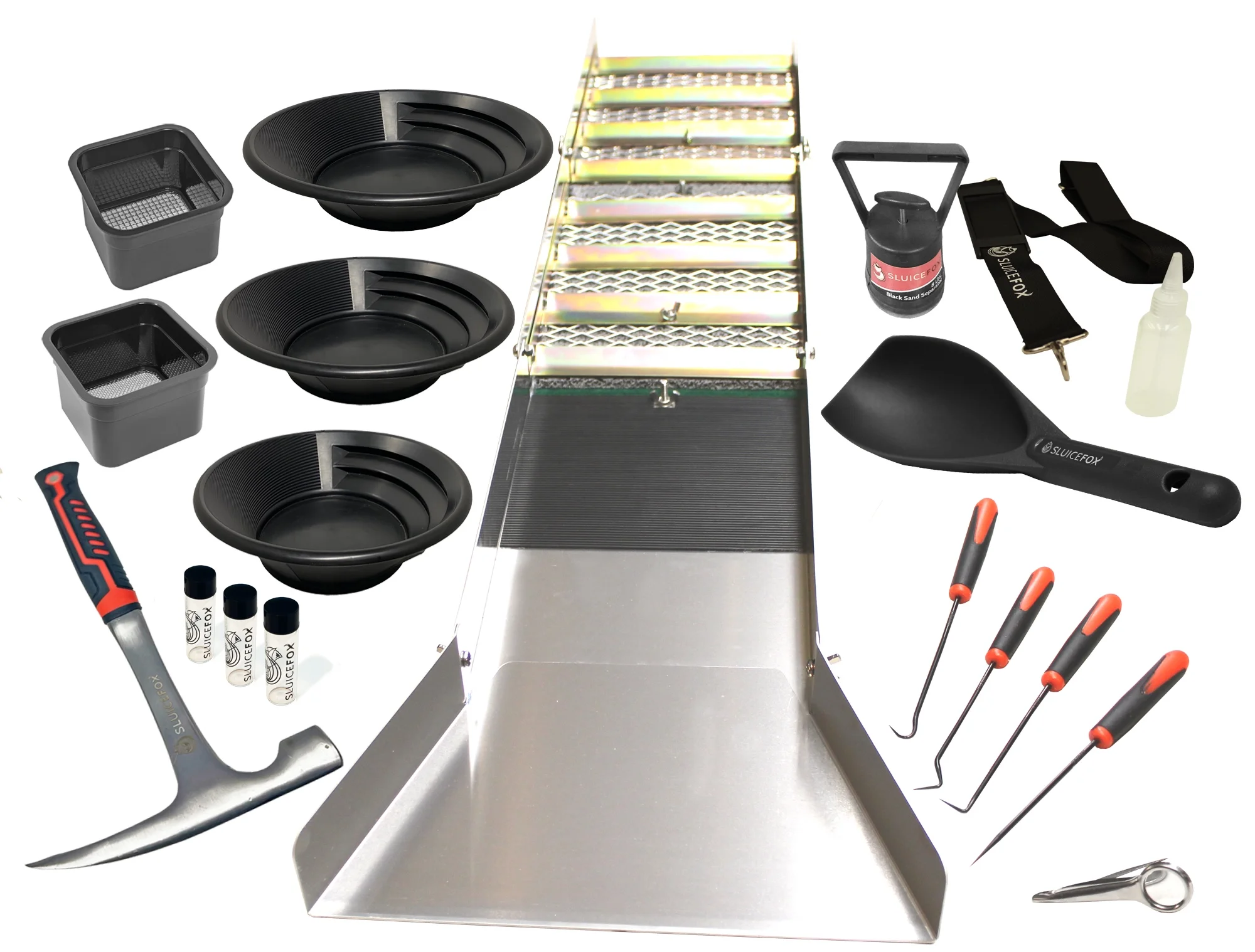 Sluice Fox Complete Gold Mining Kit; Folding 50 inch Gold Sluice Box; Gold Prospecting Equipment; Rock Pick Hammer; Gold Classifiers; Pay Dirt Scoop; Crevice Tools and more