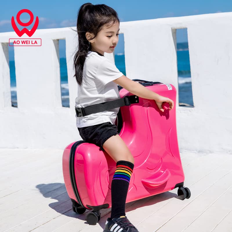 AOWEILA Hardside Ride on Kids Luggage with 4 Spinner Wheels for Girls and Boys, Rolling Childrens Travel Suitcase with Seat and Safety Belt for Toddler Ages 2-12 (Yellow, 25-Inch Versatile Checked)