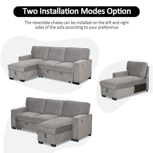 Convertible Sleeper Sofa 3 in 1, Chenille Modern L-Shaped Couches for Living Room, Pull Out Sectional Futon Sofa Bed with Storage Space, USB Ports and Cup Holders for Bedroom, Grey