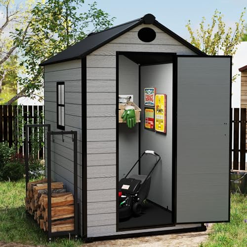 7.3 x 12 FT Shed Resin Outdoor Storage with Floor, 566 cuft Plastic Shed with Window and Lockable Door for Garden, Backyard, with Wood Texture, Grey