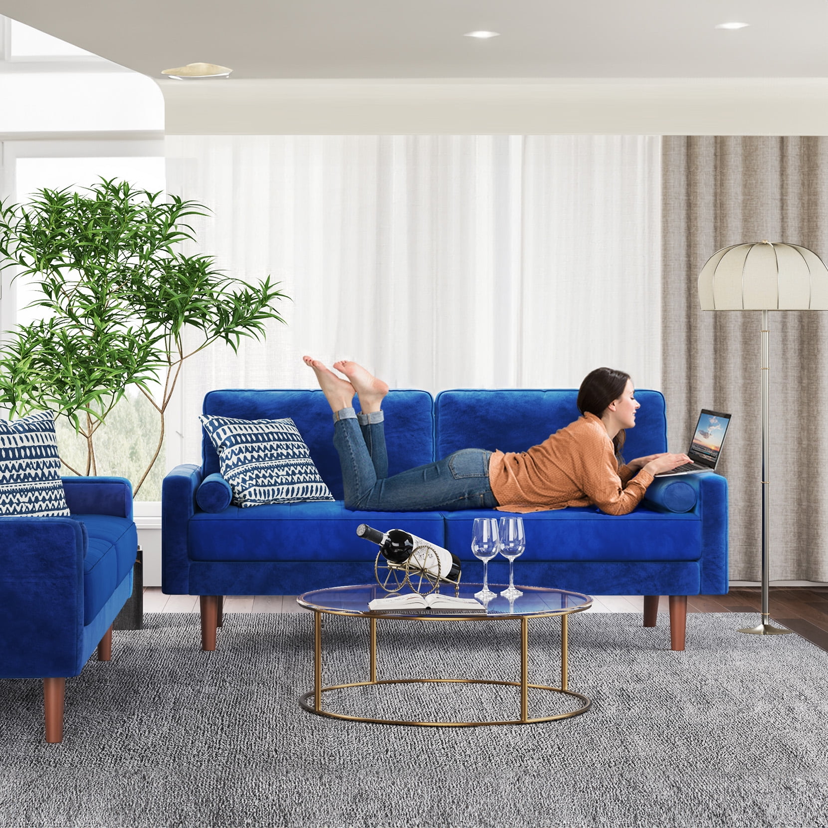NAIMP 69.3'' W Blue Couches, Velvet Rolled Arm Sofa, Upholstered 3-Seater Loveseat w/Armrest for Living Room Bedroom, Apartment, Home Office