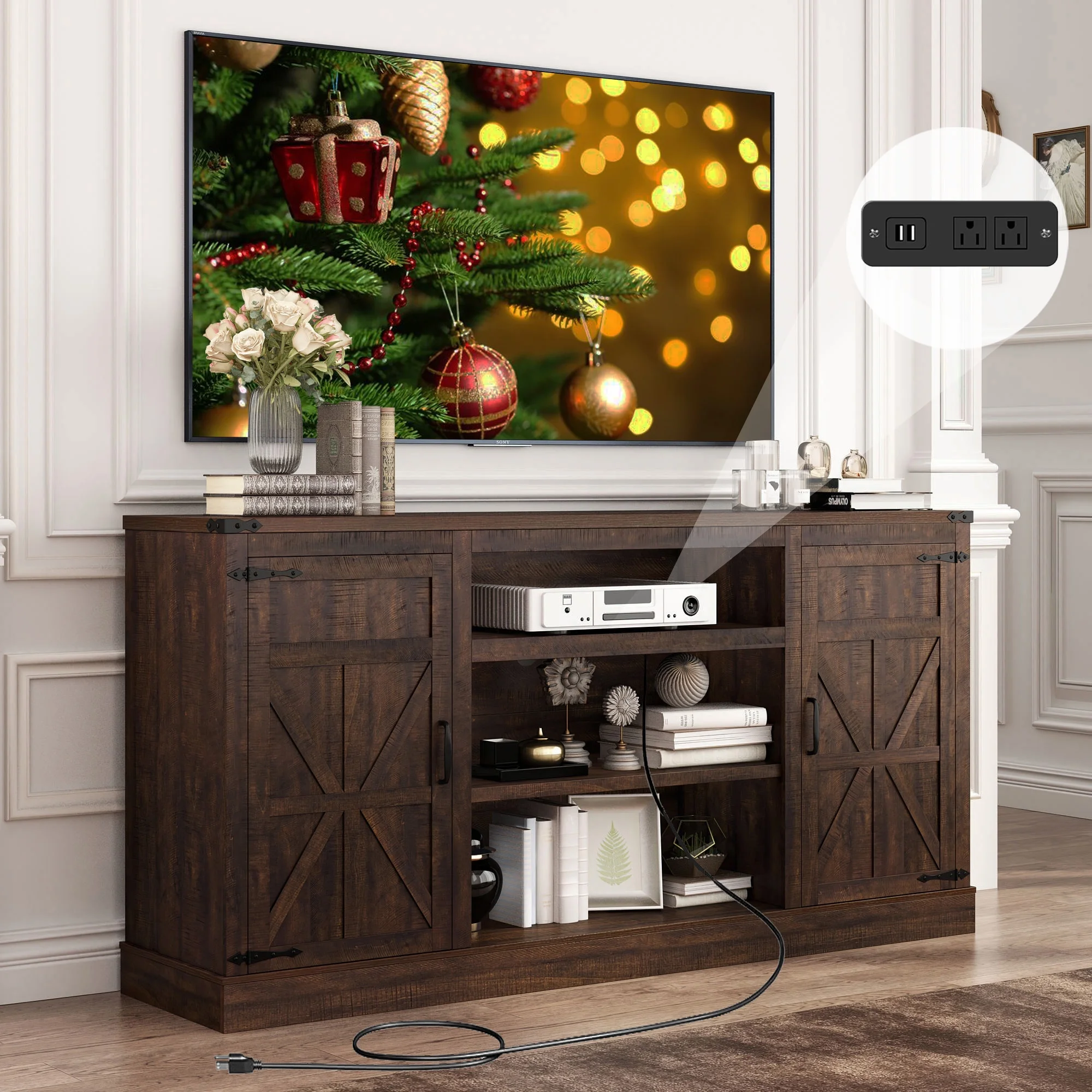 Chvans Farmhouse Barn Door TV Stand for up to 65 TVs /23 Electric Fireplace, Entertainment Center Console Table with Adjustable Shevles(58)