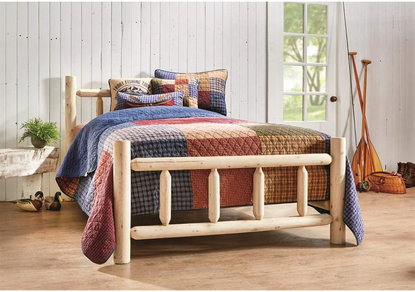 Cedar Log Queen Bed with Headboard and Footboard, Rustic Natural Unfinished Wooden Bed Frames