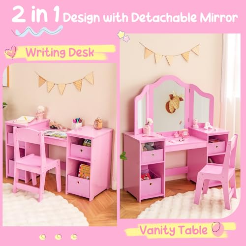 Costzon Kids Vanity, 2 in 1 Princess Makeup Desk Dressing Table with Detachable Top, Toddler Vanity with Tri-fold Mirror & Storage Shelves, Pretend Play Vanity for Little Girls, White