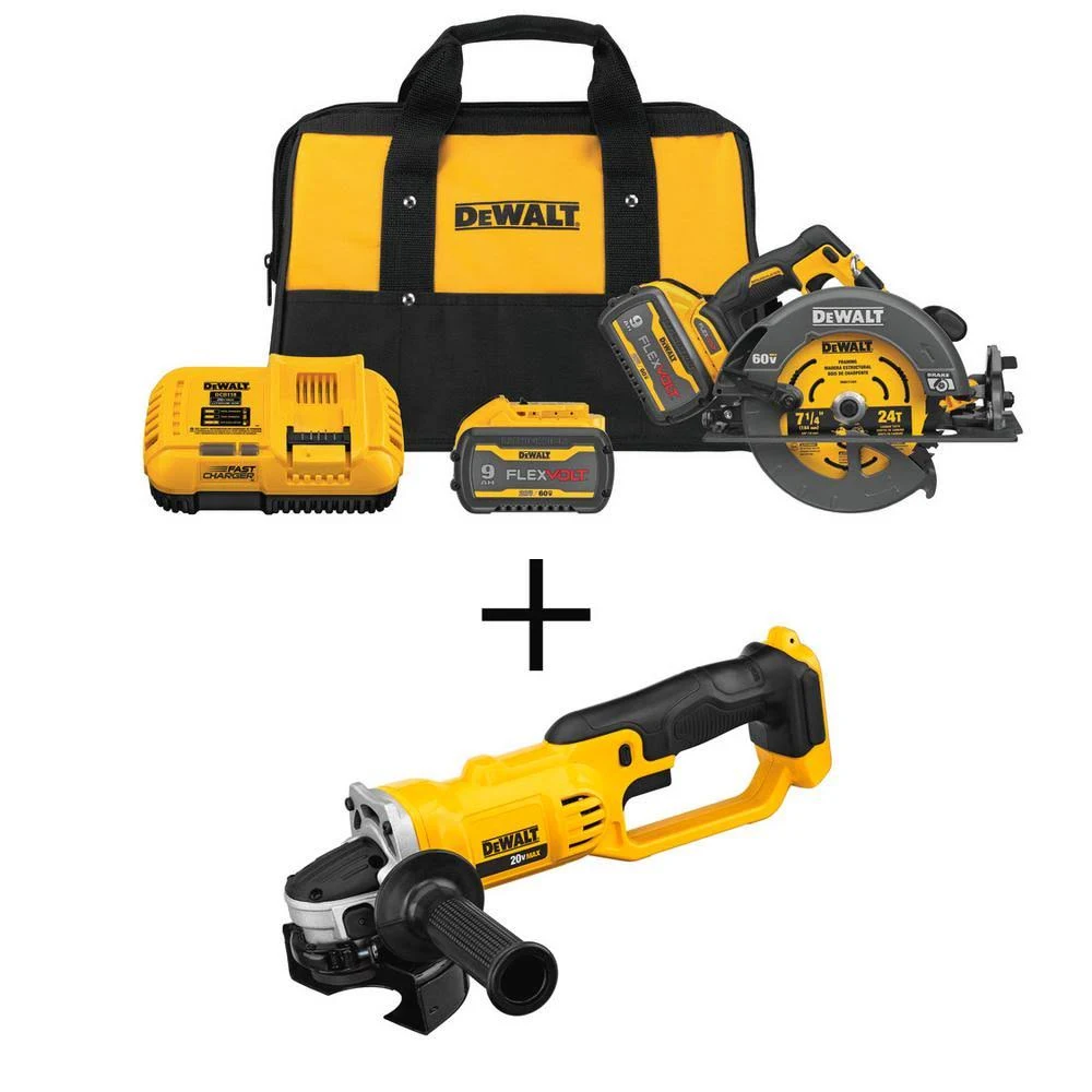 DeWalt FLEXVOLT 60-Volt Max Cordless Brushless 7-1/4 in. Circular Saw with BRAKE, (2) FLEXVOLT 9.0Ah Batteries u0026 Grinder
