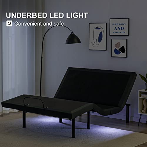 Adjustable Bed Base Frame with 17 Control Functions, Bluetooth App, Dual Massage, Dual USB Ports, Head/Foot Incline,Zero Gravity, Under Bed Lights (Queen)