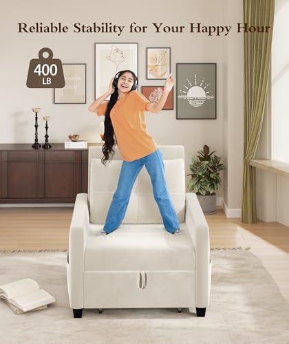 Sleeper Sofa Chair, 3 in 1 Convertible Sleeper Chair with Adjustable Backrest, 32" Pull Out Couch Bed 400lbs Support, Comfy Velvet Small Sofa Bed for Small Space with Pillow & 2 Pockets, Blue