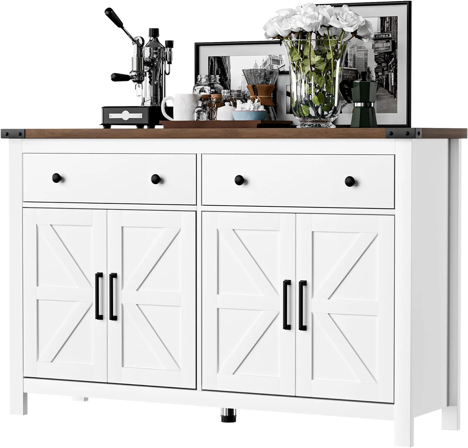 NLIBOOMLife 55" Sideboard Buffet Cabinet with   Coffee  Cabinet with 2 Drawers and 4 Barn Doors  Long  Cabinet Modern Farmhouse  White Wood  for Kitchen  Dining Room  Living Room