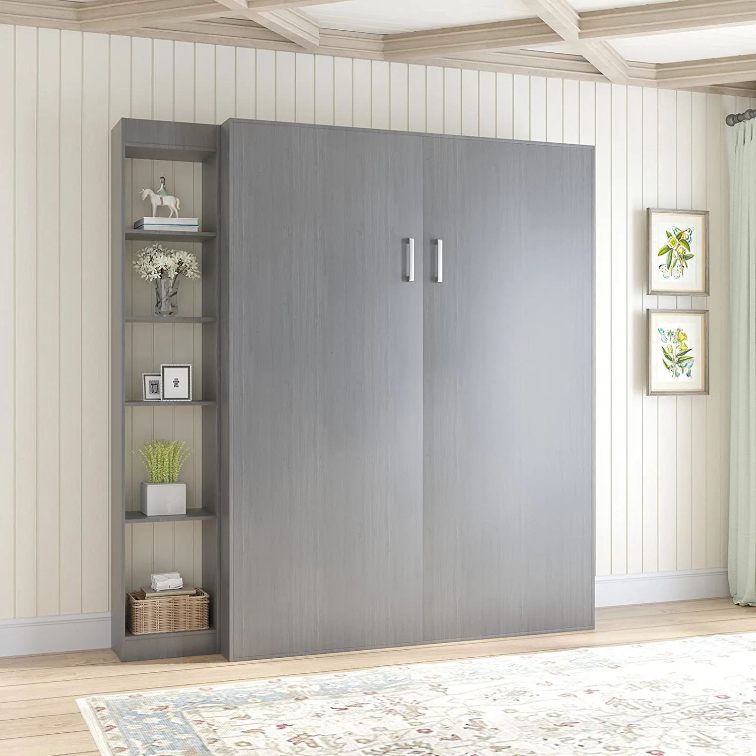Mjkone Murphy Bed with 1 Side Cabinet, Folding Wall Bed for Bedroom, Fold Up Murphy Bed Cabinet, Murphy Chest Bed Can Be Folded into a Cabinet, Storage Bed (Dark Grey)