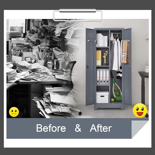 Metal Broom Storage Cabinet with Doors, 65" Steel Tool Storage Cabinet with Hanging Rod, Cleaning Storage Cabinet with Locking Doors, Broom Tool Storage Cabinet for Office, Garage