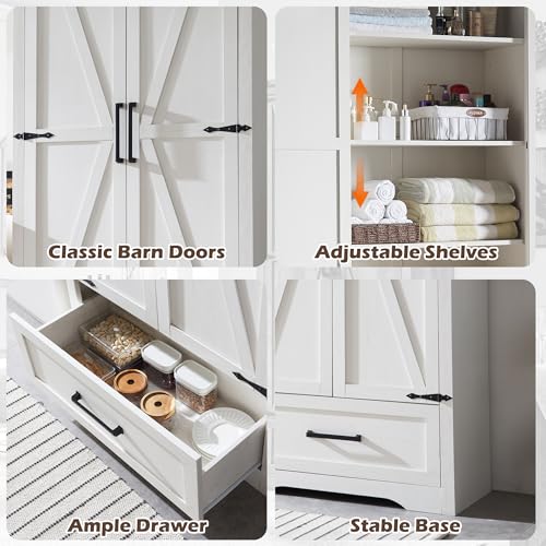 72" Tall Farmhouse Kitchen Pantry with Adjustable Shelves, Wood Rustic Storage Cabinet with Drawer & Barn Doors, Versatile Storage for Dining Room, Living Room, Bathroom, White