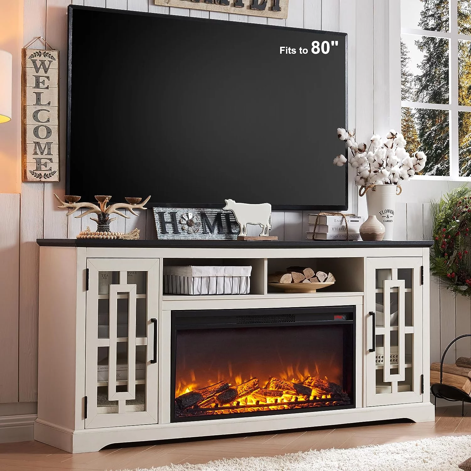 T4TREAM 70 Fireplace TV Stand for 75 80 inch TV. Farmhouse Highboy Entertainment Center with Storage for Living Room. White