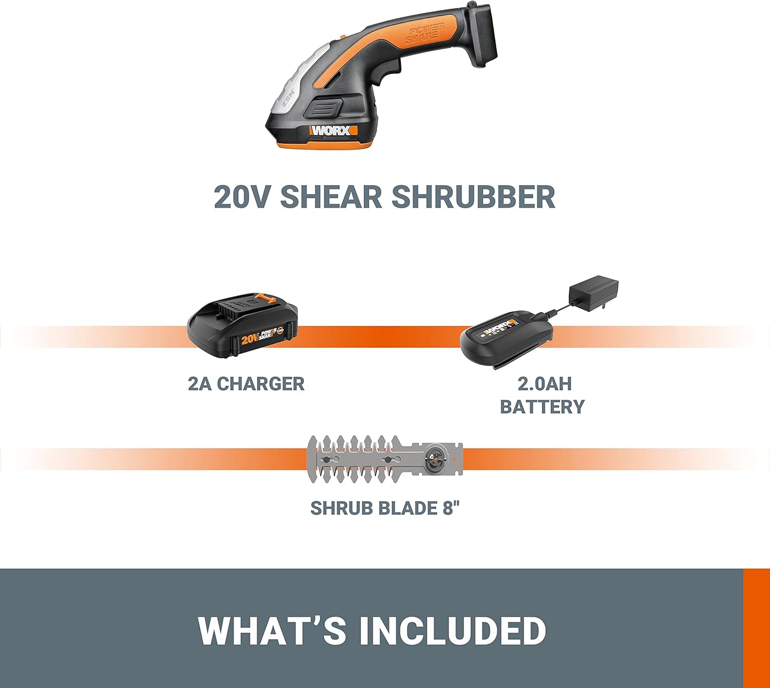 WORX 8" Cordless Shrubber Trimmer Grass Shear 20V PowerShare, Battery and Charger Included WG801.1 （Without Grass Shear Blade）