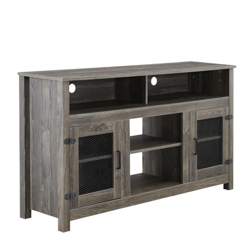 Modern Farmhouse Fireplace TV Stand with Electric Fireplace for Living Room, Media Entertainment Center for TVs up to 65" with Storage Cabinet and Adjustable Shelves, Grey Color