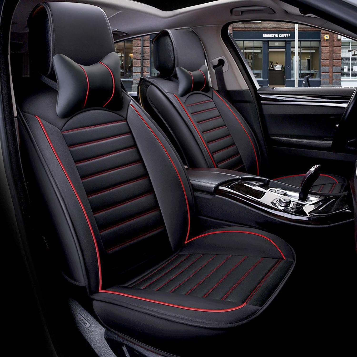 FREESOO Car Seat Cover Leather, Car Seat Covers Full Set Front Rear Automotive Waterproof Universal for 5 Seats Vehicle Year Round Use (Black White 2)