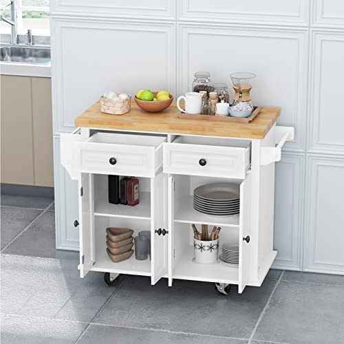 Kitchen Island Cart on Wheels with Wood Top and Drop Leaf Breakfast Bar, Rolling Kitchen Trolley with 2-Door Storage Cabinet, 3 Drawers, Towel and Spice Rack 43.31"x16.93"x36.02", White