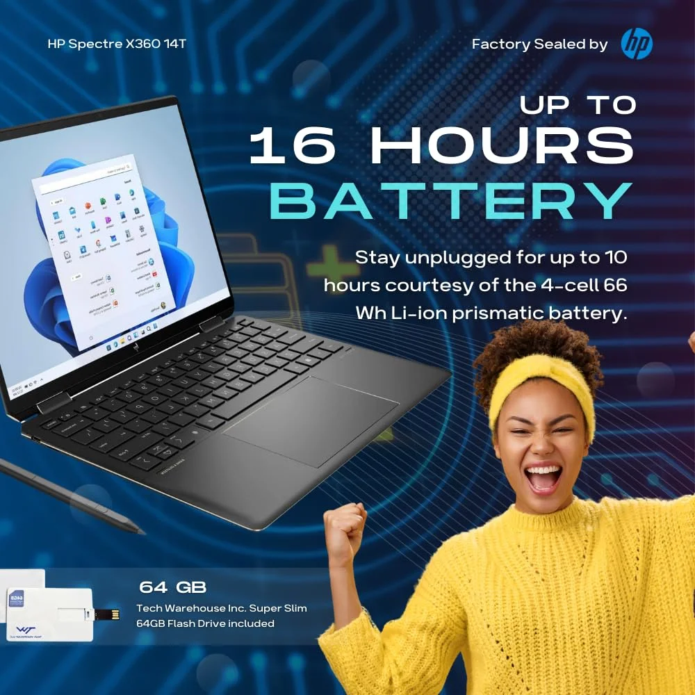 HP Spectre x360 Luxury 14T,13.5" 3:2 WUXGA Touch,Intel i7-1165G7, 16GB RAM, 512GB SSD, Bang&Olufsen Quad Speakers, Fingerprint, Tilt Pen, Nightfall Black, Win 10 Pro, 64GB TechWarehouse Flash Drive