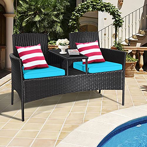 LDAILY Patio Conversation Set, Modern Rattan Loveseat, Outdoor Furniture Set with Removable Cushions & Table, Patio Wicker Sofa Set, Tempered Glass Top, Ideal for Garden Lawn Backyard