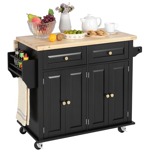Finnhomy Rolling Kitchen Island With Drop Leaf, Thicken Rubberwood Top, Spice Rack, Towel Rack, Drawer, 43.3" Portable Mobile Kitchen Island Carts Table, Storage Cabinet, Both Wheels and Feet Included