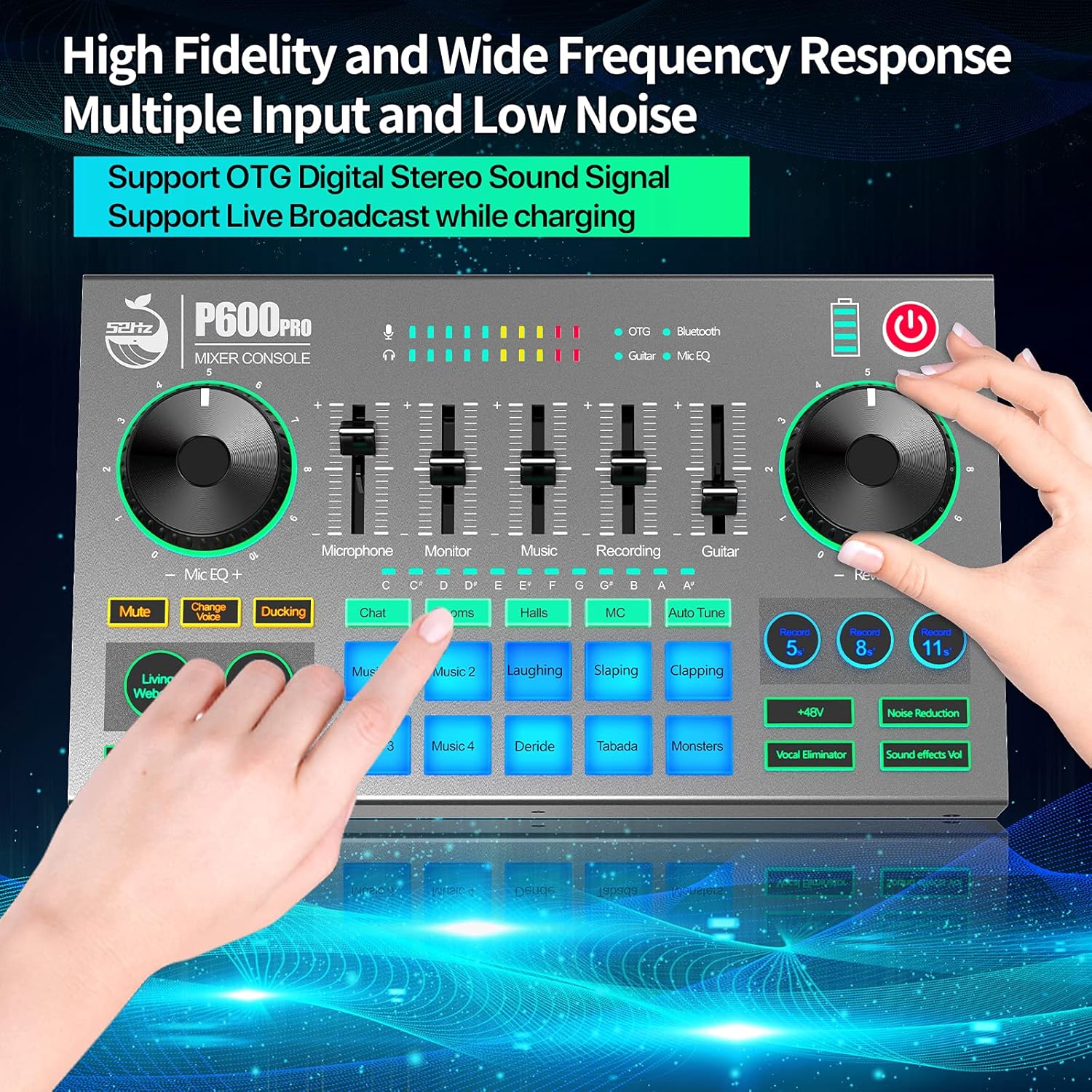 Professional Podcast Audio Mixer, DJ Mixer Sound Card, Full-featured DJ Mixer Controller with BT 5.0 Type C USB Interface for PC, Laptop, Mobile Phone, Live Streaming, Podcast, Chat Room Lobby